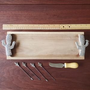 Wood Serving Tray with Cactus Handles, Matching Food Picks and Cheese Knife Set